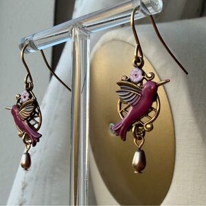 SILVER FOREST | Pink and Gold Hummingbird Drop Dangle Earrings 18k Plated